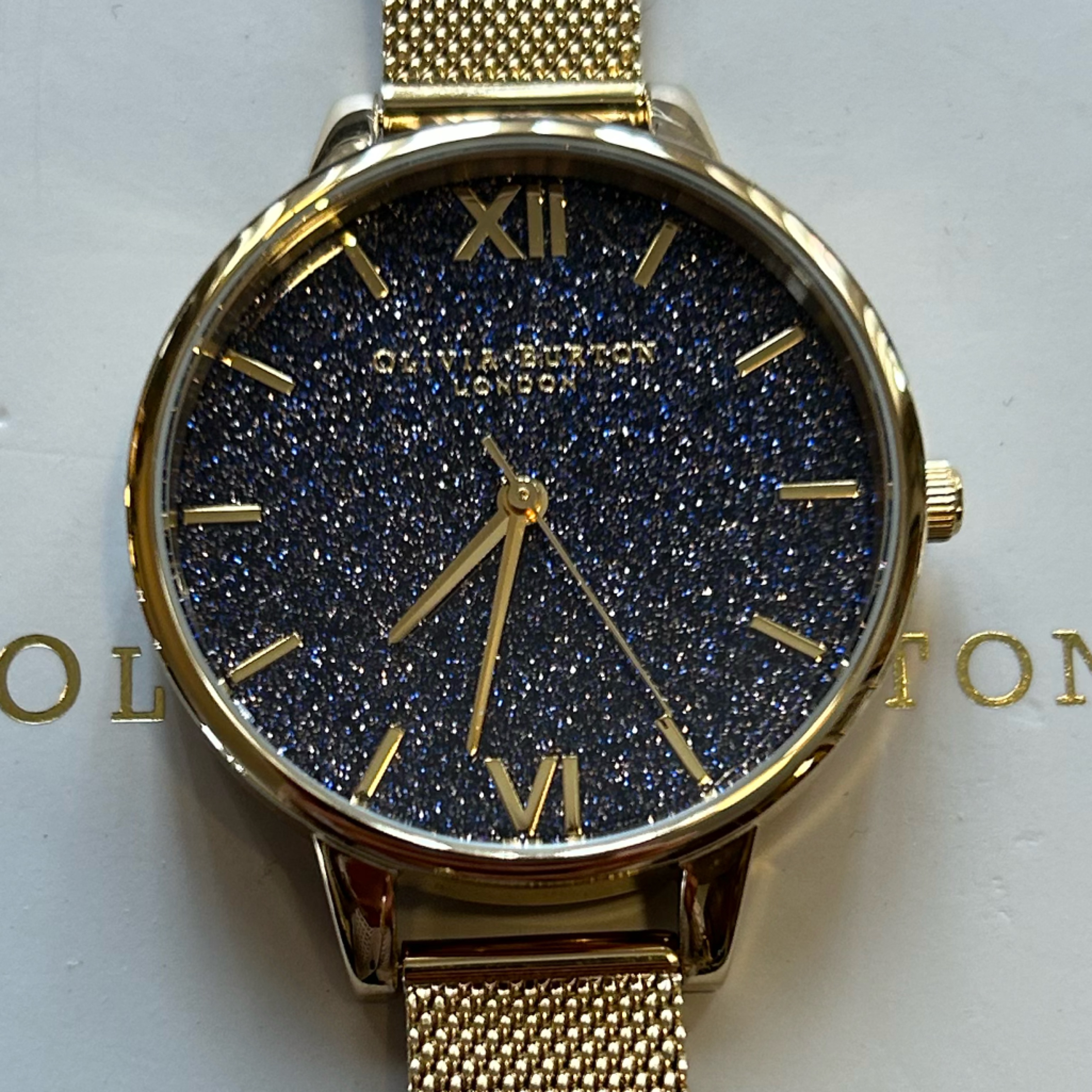 Olivia Burton Navyblue Glitter Dial Watch With 34mm Sparkley Face Meshbracelet